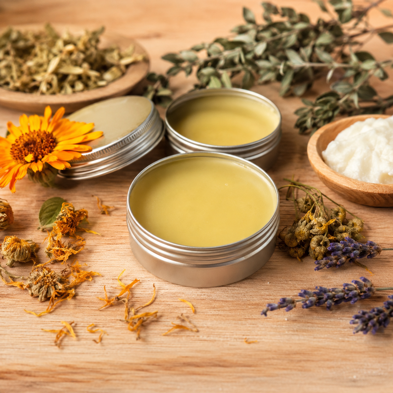 Pomada natural con caléndula, lavanda y hierbas medicinales