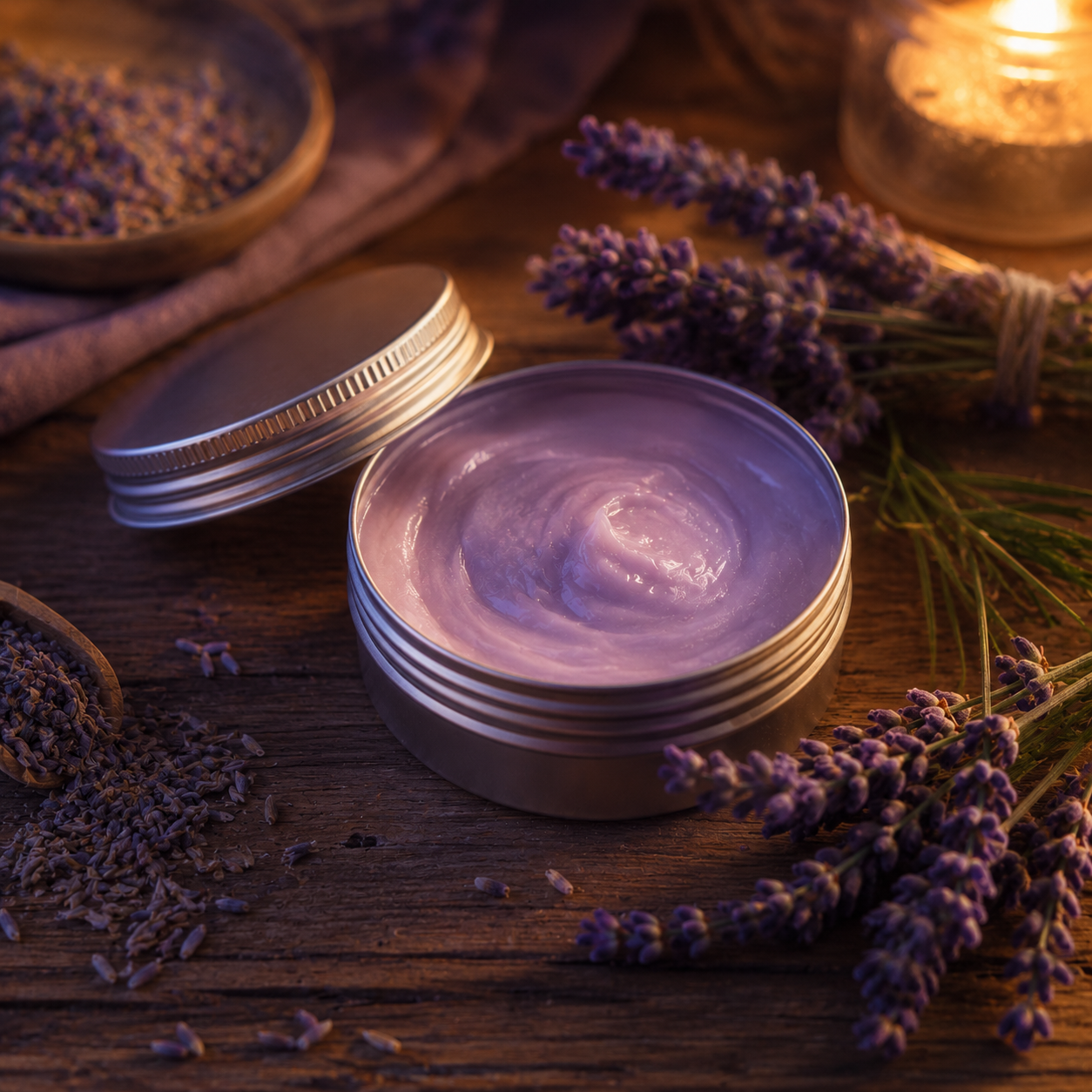 Pomada relajante de lavanda a la luz de una vela
