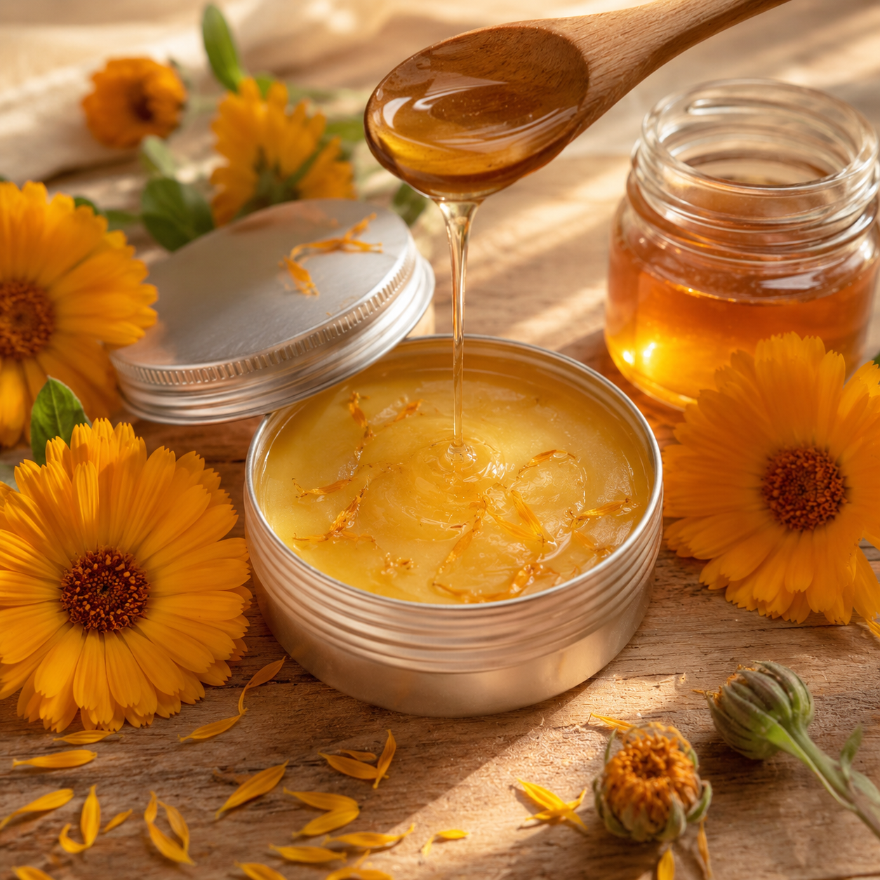 Pomada de caléndula con miel y flores frescas