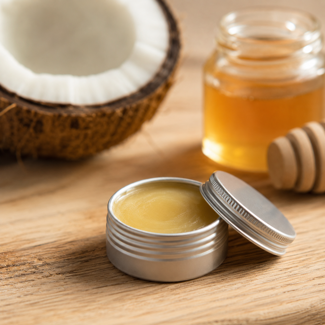 Pomada de coco y miel en frasco de aluminio