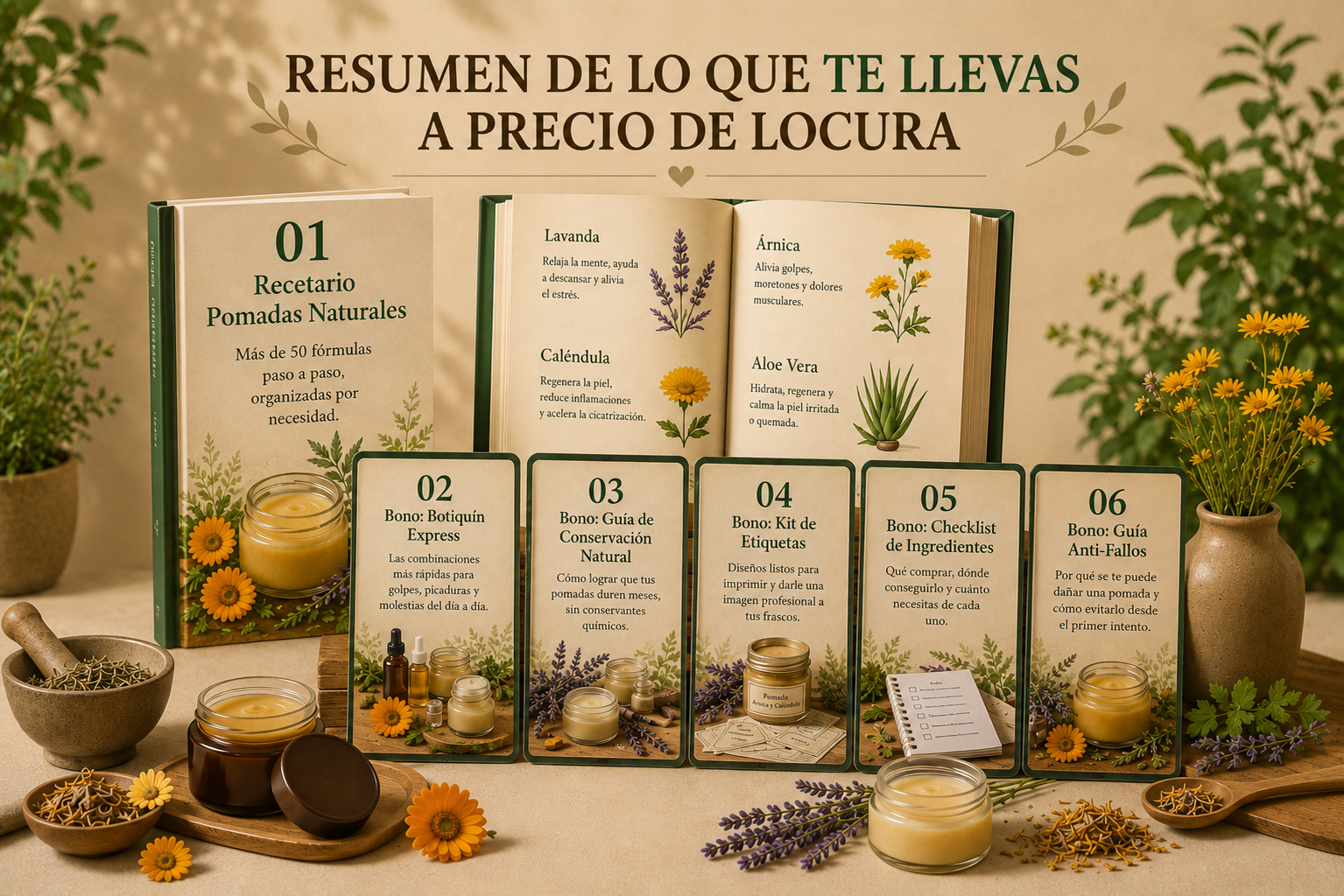 Resumen de lo que te llevas a precio de locura — Recetario Pomadas Naturales más 5 bonos